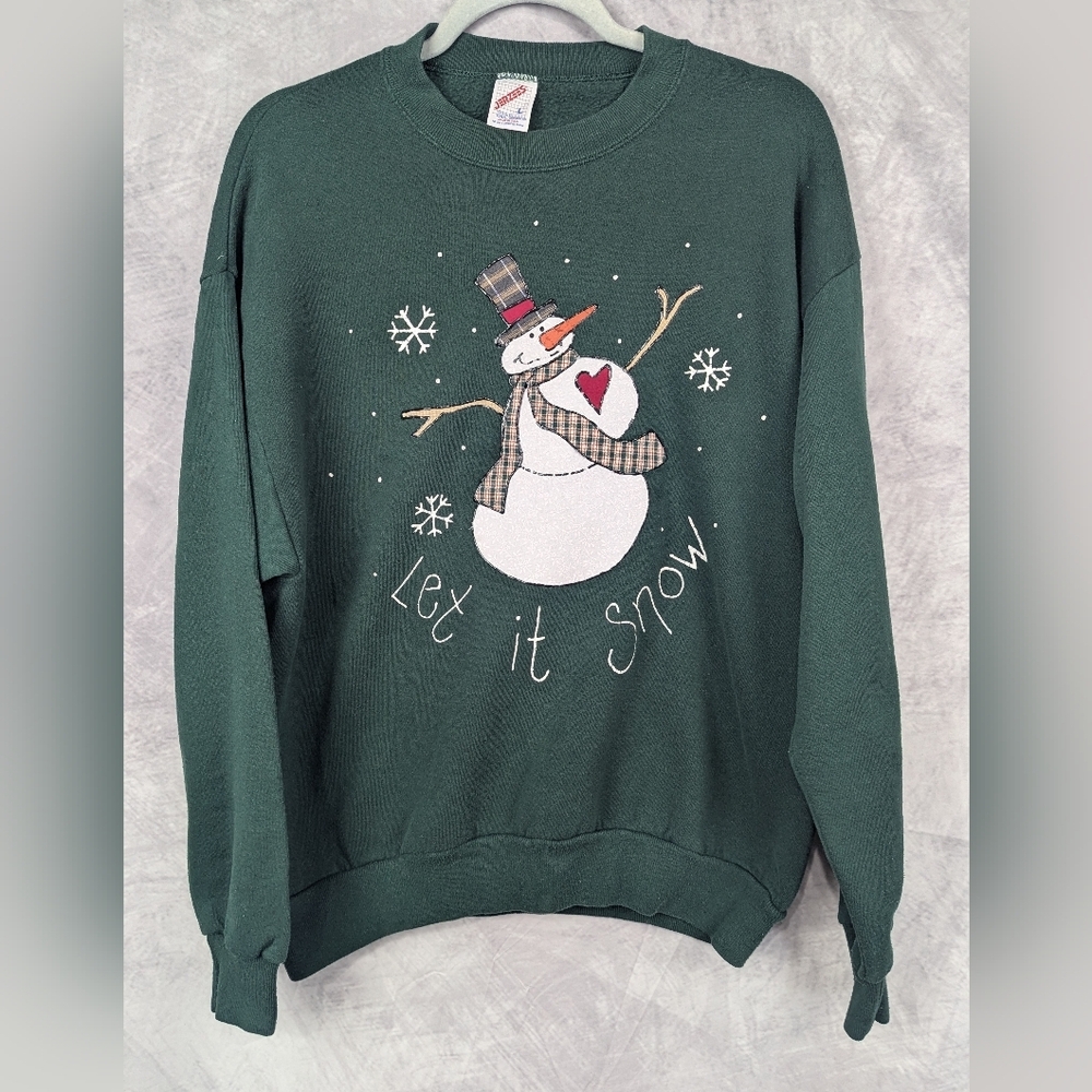 Jerzees Vintage Large Christmas Homemade Sweatshirt Forest Green With Snowman